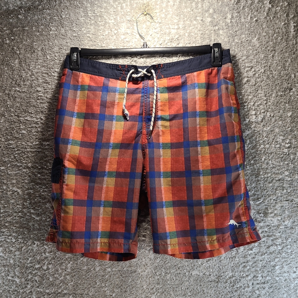 Tommy Bahama Relax Swim Trunks Mens LARGE PLAID Mesh Lined Cargo Pocket